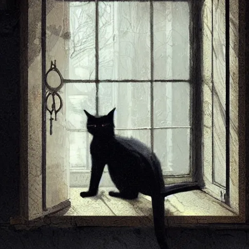 Prompt: a creepy black cat with yellow eyes staring at a sleeping blonde lady through a window, Greg Rutkowski