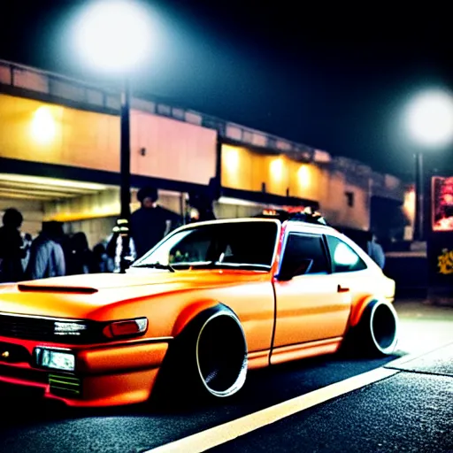 Image similar to a car S30 turbo drift at illegal car meet, shibuya prefecture, midnight mist streetlights, color grade, photorealistic, highly detailed wheels, highly detailed