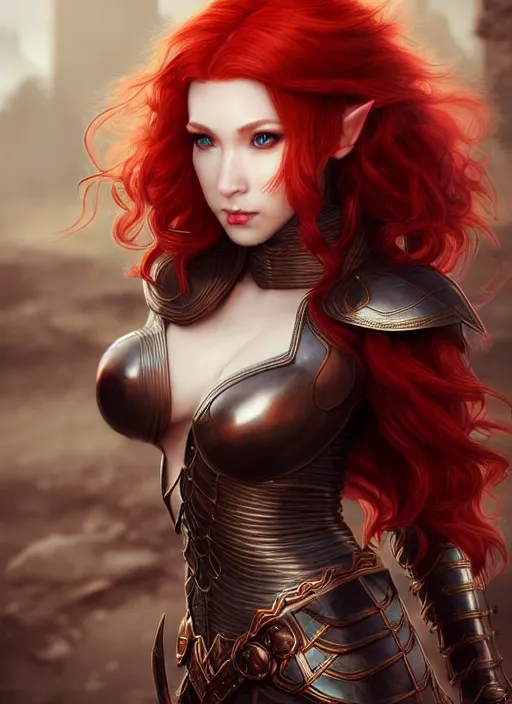 Image similar to leather armor!!! beautiful and elegant curly red hair female elf!! gorgeous ayes!! character concept art, sharp focus, octane render! unreal engine 5! highly rendered!! trending on artstation!! detailed linework!! illustration by artgerm, wlop, and chie yoshii