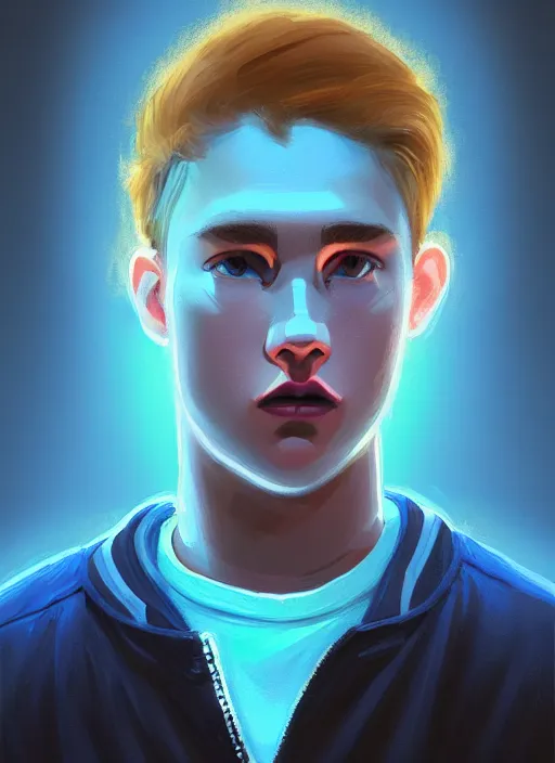 Image similar to portrait of high school senior boy named big moose, blonde short hair, jock, beefy, wide face, square jaw, square facial structure, blue varsity jacket with letter r, intricate, elegant, glowing lights, highly detailed, digital painting, artstation, concept art, sharp focus, illustration, art by wlop, mars ravelo and greg rutkowski