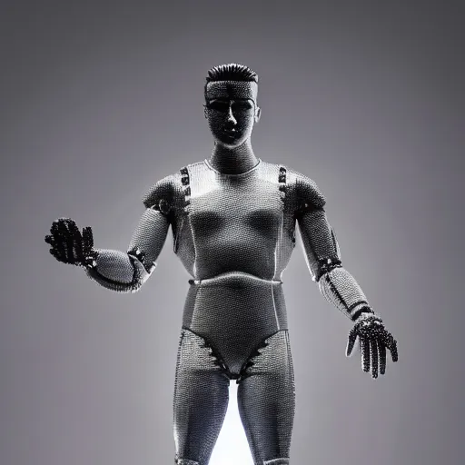 Image similar to a realistic detailed photo of a guy who is an attractive humanoid who is half robot and half humanoid, who is a male android, wrestler nick suriano, shiny skin, posing like a statue, blank stare, by the pool, on display, showing off his muscles, humanoid robot, frozen ice statue