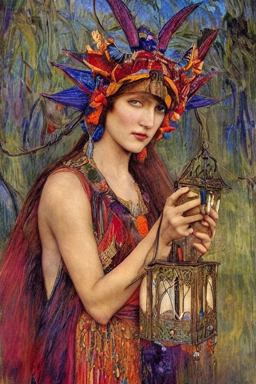 Image similar to queen of twilight with her lantern, by Annie Swynnerton and Diego Rivera and Gaston Bussière and Tino Rodriguez , elaborate headdress and embroidered velvet, iridescent beetles, rich color, dramatic cinematic lighting, extremely detailed