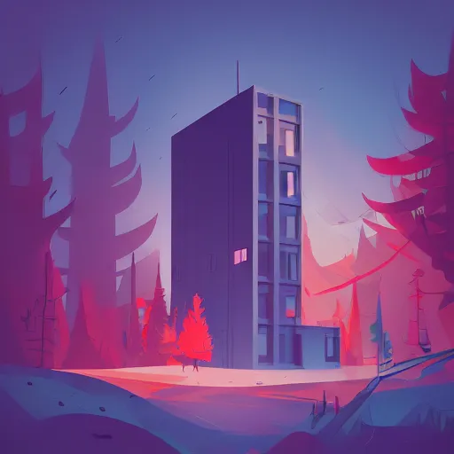 Prompt: an illustration of a post - modern building in the woods, real light and shadow, trending on artstation, central composition, shape focus, high detailed, by anton fadeev