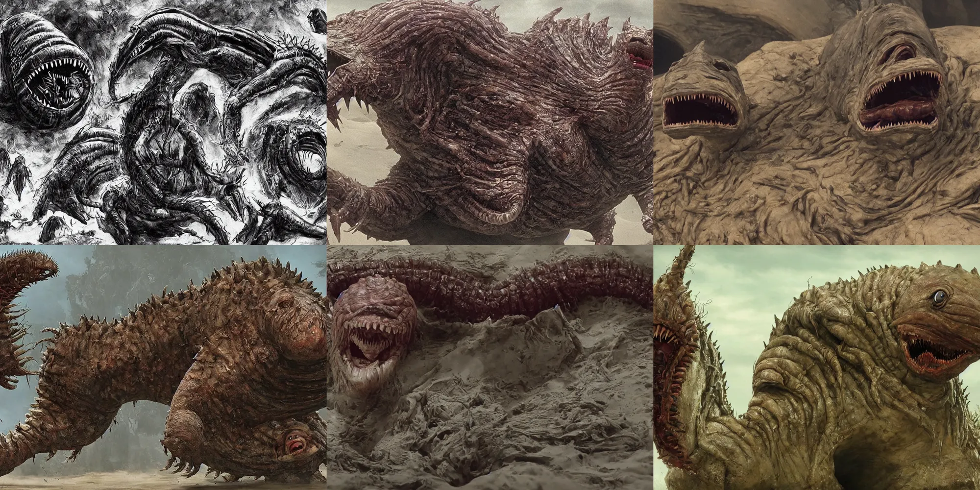 Prompt: cinematic movie still : ( subject =!! dune sandworm with open jaw!! + subject detail =!!!!! donald trump head sweating!!!!!, creature from john carpenter the thing, oozing bile ) in the last of us, intricate detailed