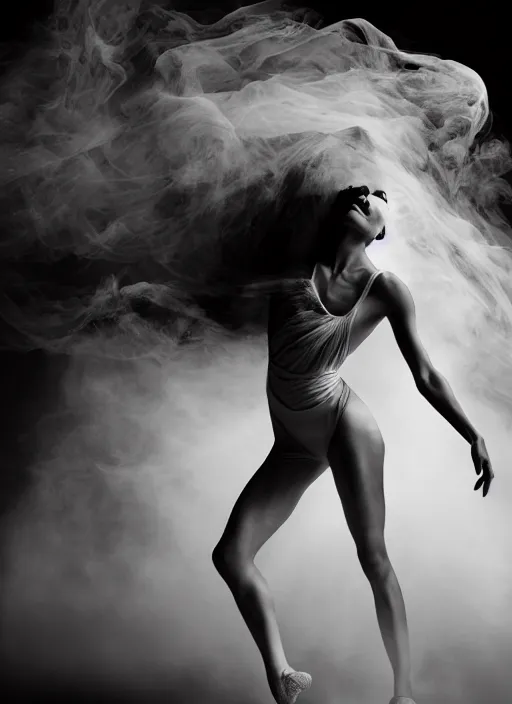 Image similar to a Photorealistic dramatic hyperrealistic render of a glamorous beautiful Female smoke dancer by Ken Brower and Deborah Ory of NYC Dance project,Lois Greenfield,Flowing cloth and smoke,Beautiful dynamic dramatic dark moody lighting,volumetric,shadows,cinematic atmosphere,Octane render,8K