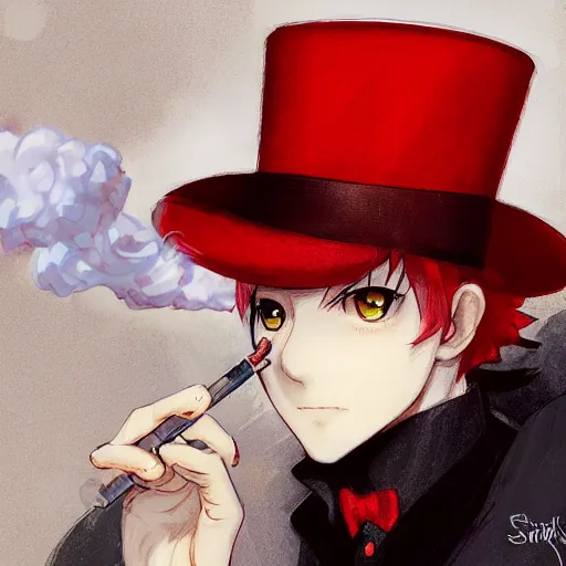 Prompt: red haired top hat wearing anime man smoking on rooftop, perfect face, portrait made by Stanley Artgerm, WLOP, Rossdraws, James Jean Andrei Riabovitchev, Marc Simonetti, Yoshitaka Amano, Artstation