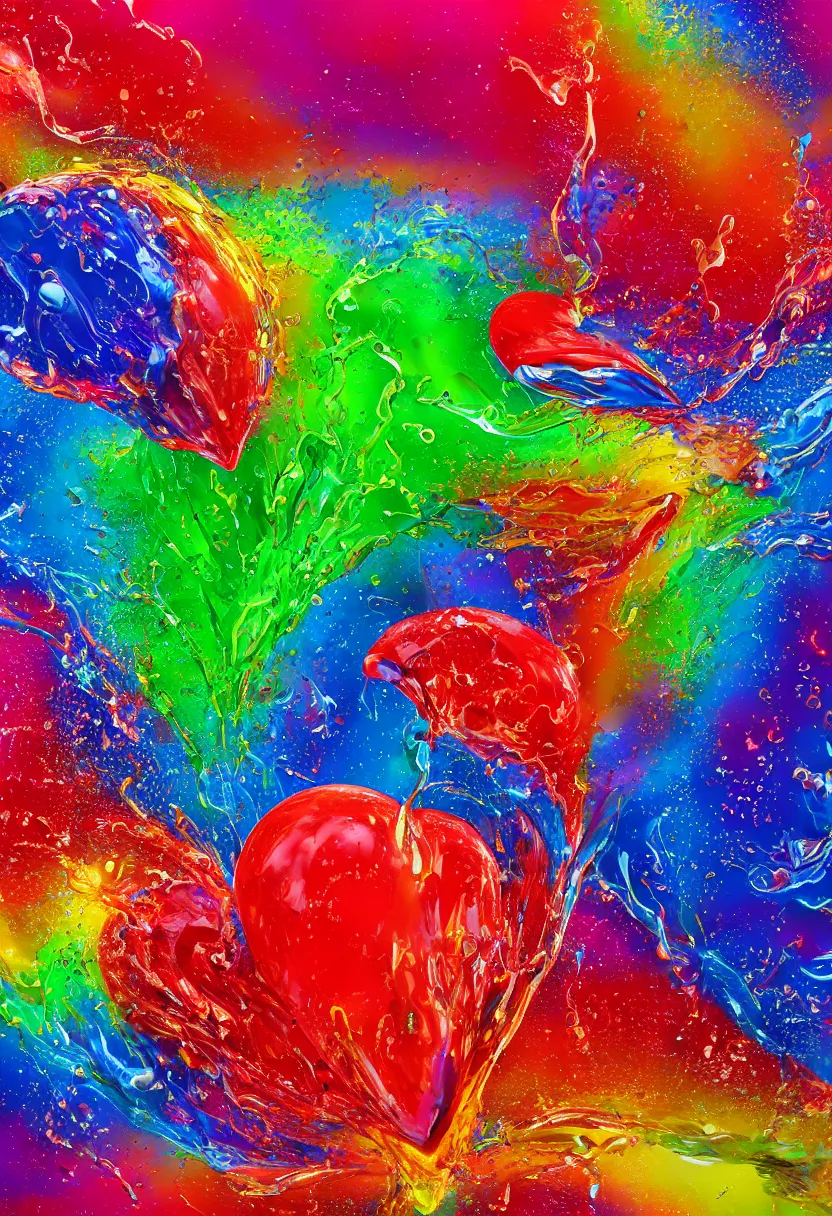 Prompt: highly detailed 3 d painting of a heart of splashing liquids and colorful thick paints suspended in air, 8 k rendering