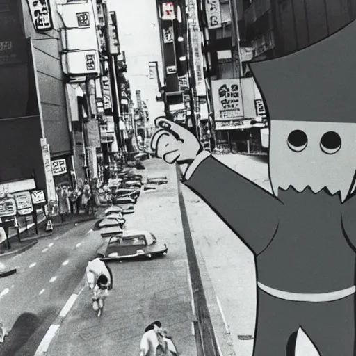 Prompt: gumby destroying tokyo in 1 9 6 5