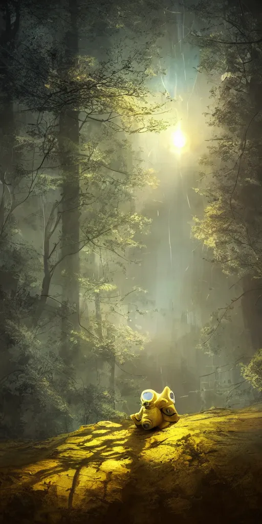 Image similar to A yellow baby rabbit in a spacesuit full of trees, cyberpunk temple, sunset with falling leaves, Tyndall rays, low angle, light through the mist, dramatic lighting, photorealistic, cinematic lighting, high detail, cinematic feel, high octane, 4K, Unreal Engine, digital render, intricate, ultra realistic, concept art