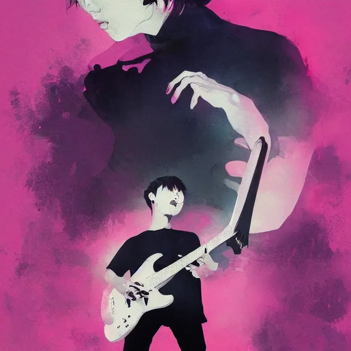 Prompt: a young korean man wearing black t shirt plays electric guitar on stage, dramatic lighting, glowy, matte colors, fascinating music, by conrad roset, dramatic brush painting, trending on artstation