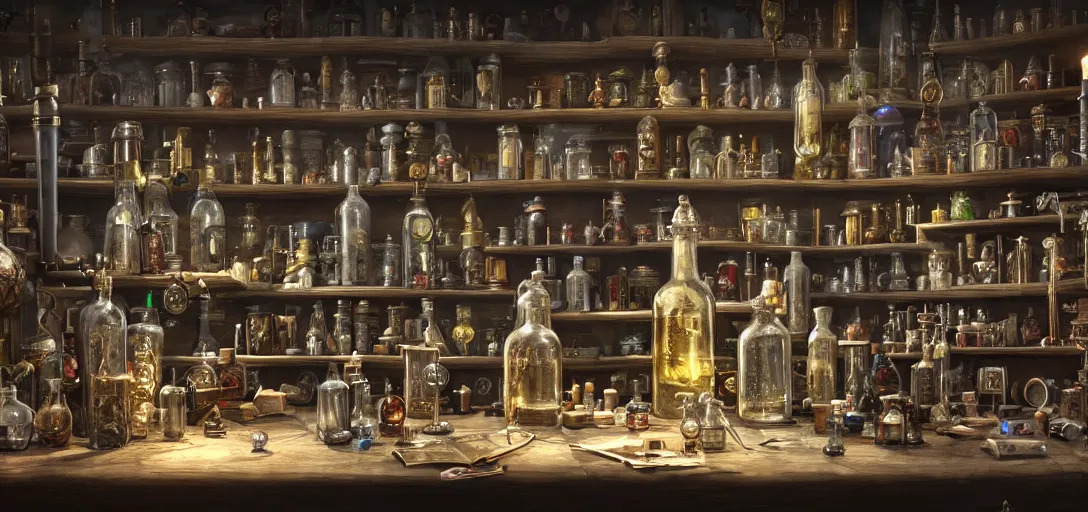 Image similar to An intricate scene with a lot of magic bottles and mechanisms of an alchemist, other bookshelves with bottles and alchemy stuff in the background::fantasy, detailed concept art, artstation, high details::8K, 4K, sharp focus, octane render