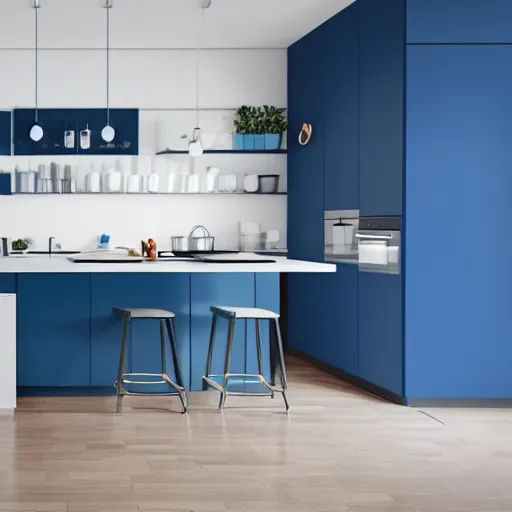 Image similar to interior of a modern minimal kitchen, blue color scheme, photorealist, 4 k