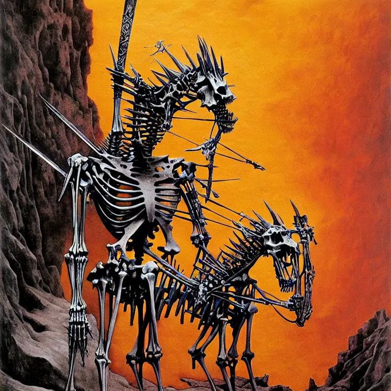 Prompt: Vibrant art. A spiked detailed horse skeleton with armored joints stands in a large cave with halberd in hand. Massive shoulderplates. Extremely high details, realistic, fantasy art, solo, masterpiece, bones, ripped flesh, colorful art by Zdzisław Beksiński, Arthur Rackham, Dariusz Zawadzki, Harry Clarke