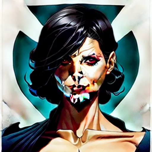 Image similar to artgerm, joshua middleton comic cover art, pretty domino character marvel comics sarah michelle gellar, place white skin, asymmetrical black spot covering left eye only, no spot right eye white around right eye asymmetrical eye