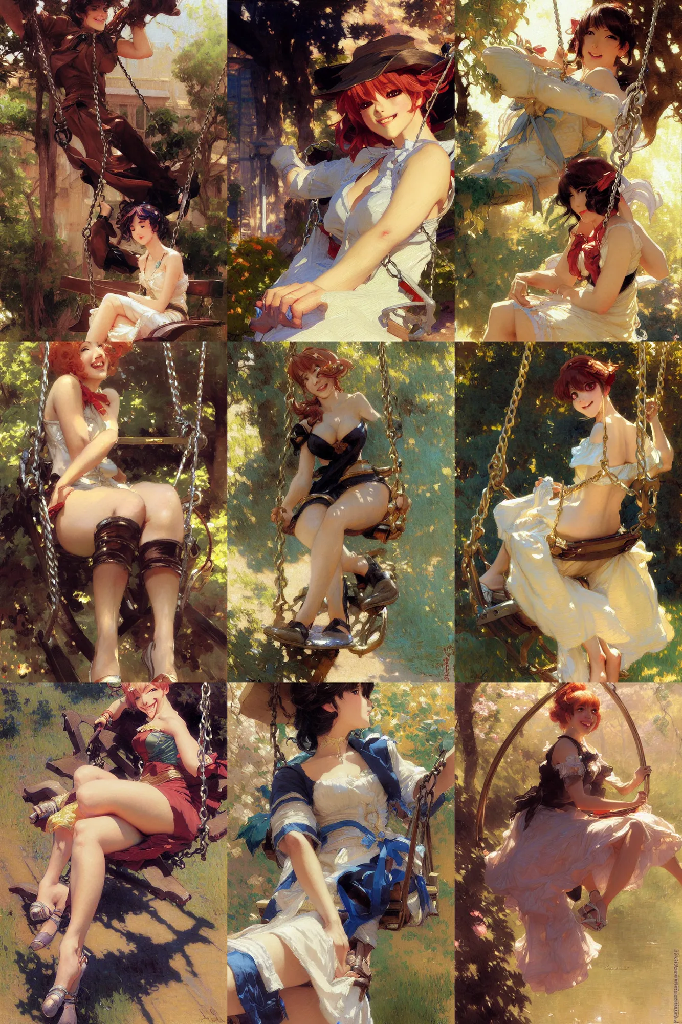 Prompt: a detailed portrait of an anime woman sitting on swing, smiling, painting by gaston bussiere, craig mullins, j. c. leyendecker