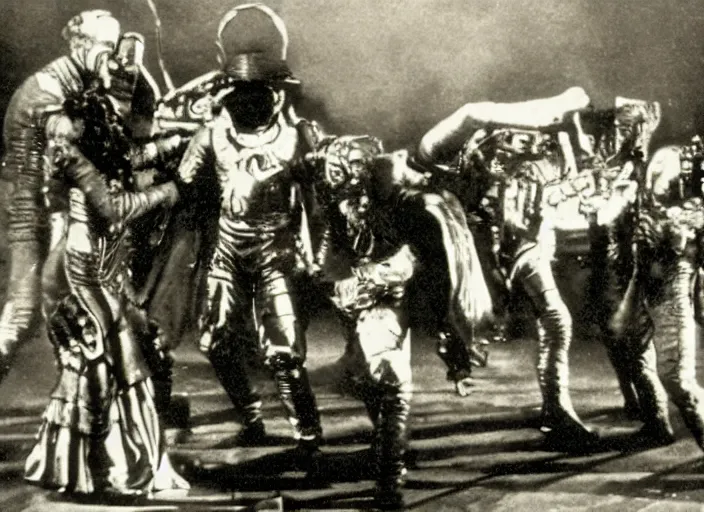 Prompt: scene from a 1910 space opera film