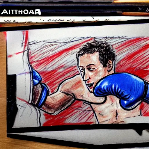 Prompt: picture of 'zuckerberg in a boxing match' on kitchen table, crude crayon scribbles, poorly drawn