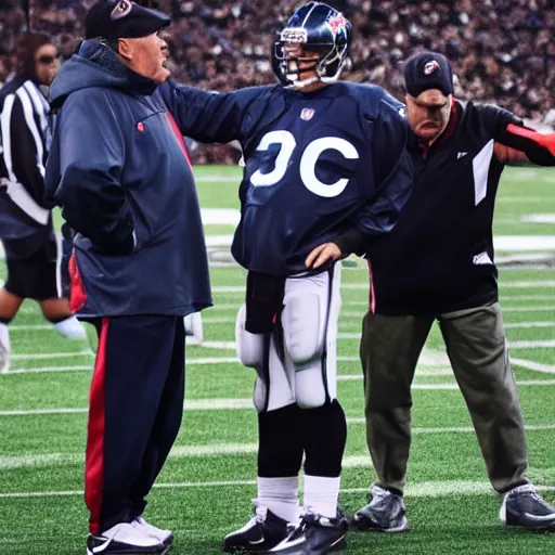 Prompt: A frustrated coach Belichick attempting to teach an android how to play football