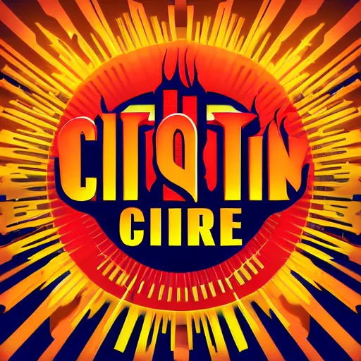 Image similar to city on fire as logo, burning, flames, symmetrical, washed out color, dark, gloomy, centered, art deco, 1 9 5 0's futuristic, glowing highlights