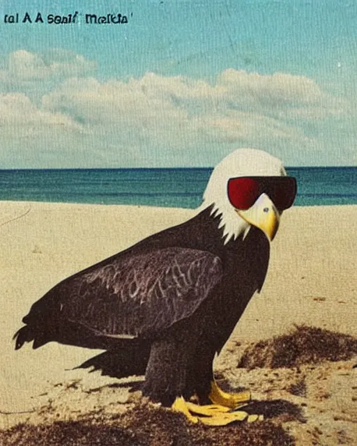 Prompt: postcard showing 'a cool sea eagle perched on a beach chair with sunglasses and a martini' laying in the sand