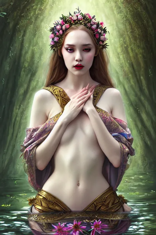 Prompt: artistic painting, medieval princess, ophelia, wearing ornate robes, beautiful eyes and lips, floating supine in a forest pond, flowers, art by artgerm and wlop and brom, highly detailed, 8 k, cinematic, digital painting, sharp focus, illustration, masterpiece
