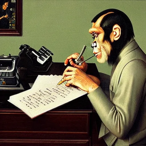 Image similar to a finely detailed painting of chimpanzee typing at a typewriter - there is a bottle of bourbon on the desk and a smouldering cigarette in the ashtray. In the style of norman rockwell