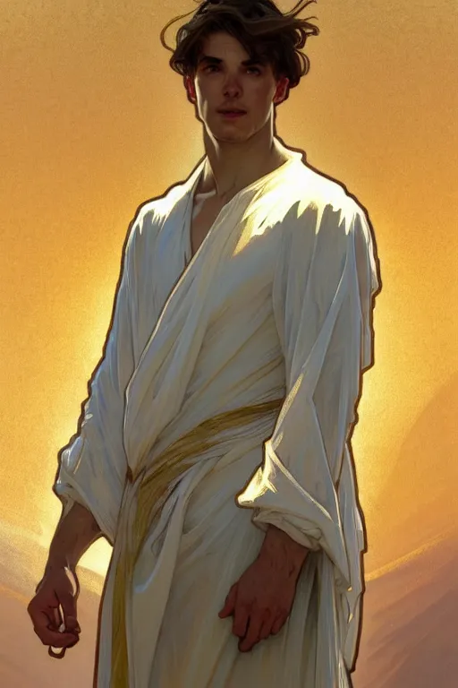 Prompt: full figure white young man, luminous scene, by greg rutkowski and alphonse mucha, d & d character, gradient white to gold, in front of a dune desert background, highly detailed portrait, digital painting, artstation, concept art, smooth, sharp focus illustration, artstation hq