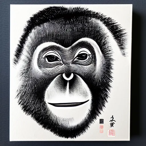 Image similar to a japanese ink block painting of an orangutan, 4 k, hyper realistic, dslr, high resolution, landscape, beautiful
