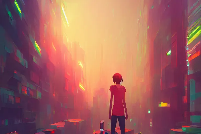 Prompt: a digital art of a selfie of max caulfield standing in a metropolis, youth, light effect, highly detailed, by anton fadeev