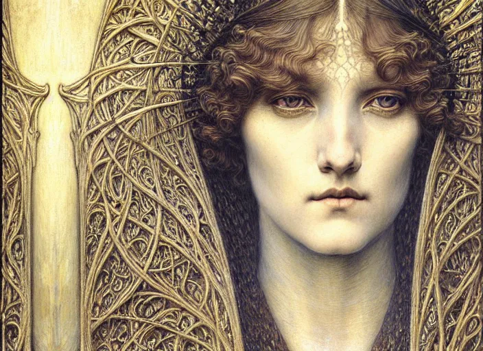 Image similar to detailed realistic beautiful young medieval queen face portrait by jean delville, gustave dore and marco mazzoni, art nouveau, symbolist, visionary, gothic, pre - raphaelite. horizontal symmetry