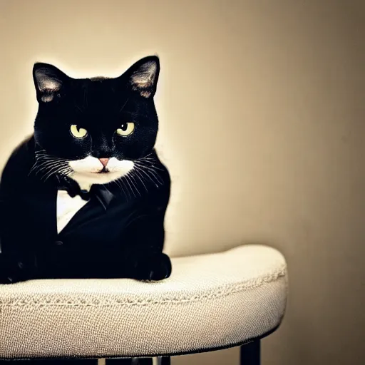 Image similar to a very fat and judgmental cat wearing a full tuxedo sitting in a dimly lit parlor lounge