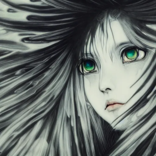 Image similar to yoshitaka amano blurred and dreamy illustration of an anime girl with black eyes, wavy white hair fluttering in the wind wearing elden ring armor and crown with engraving, abstract black and white patterns on the background, noisy film grain effect, highly detailed, renaissance oil painting, weird portrait angle, blurred lost edges, three quarter angle