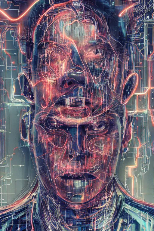 Prompt: portrait of computer & circuits, melting, elon musk, 8 k, by tristan eaton, stanley artgermm, tom bagshaw, greg rutkowski, carne griffiths, ayami kojima, beksinski, giger, trending on deviantart, face enhance, hyper detailed, minimalist, cybernetic, android, blade runner, full of colour, super detailed