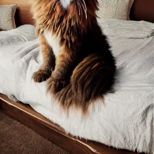 Prompt: very cute huge giant large calico main coon on bed, portrait, pixar style, cinematic lighting, award winning creature portrait photography