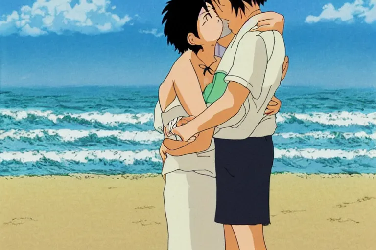 Image similar to a man hugging his beautiful wife by the beach, studio ghibli