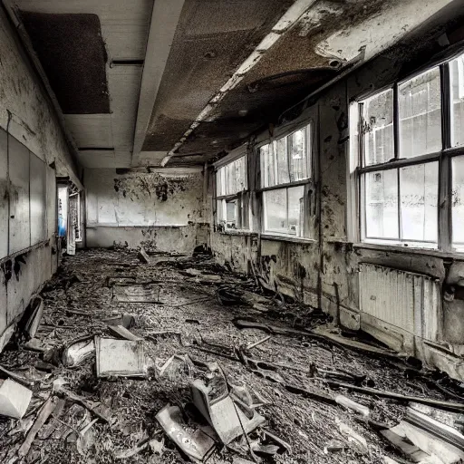 Image similar to 32mm photo of the interior a long abandoned lab, overgrown and equipment can be seen rusted with time, the memories of scientists can still be seen trying to find a cure shot on 35mm film