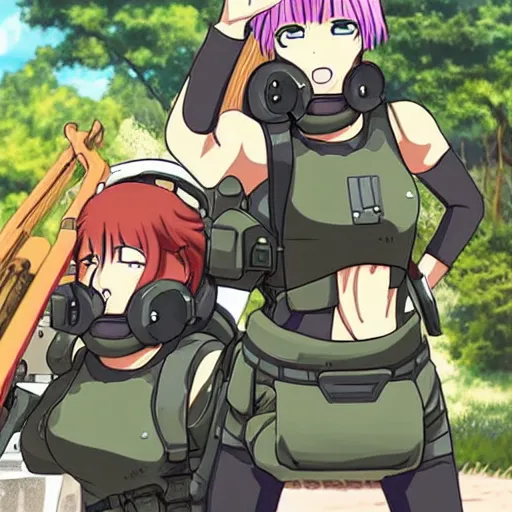 Prompt: anime illustration of female tank crew posing triumphantly next to their tank