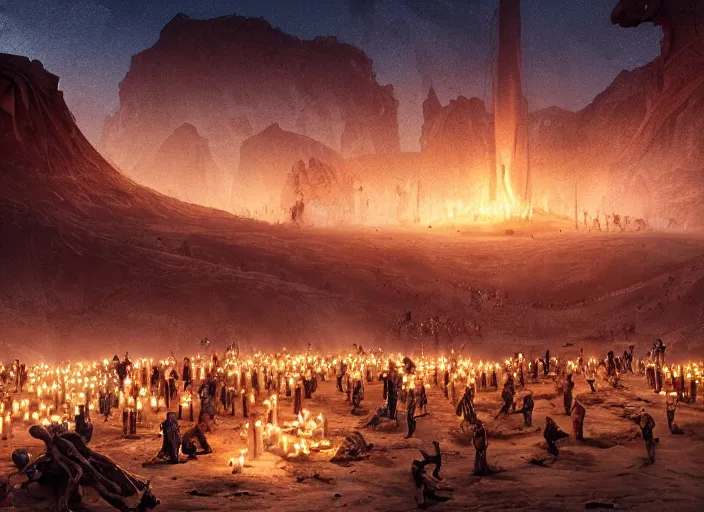 Prompt: hundreds of slaves building a giant monumental lizard statue in the middle of the desert, lit by candles, digital painting, artstation, concept art, craig mullins, breathtaking, 8 k resolution, extremely detailed, beautiful, establishing shot, artistic, hyperrealistic, octane render, cinematic lighting, dramatic lighting, masterpiece, light brazen, extremely detailed and beautiful face