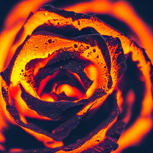 Image similar to award - winning macro of a beautiful black rose made of glowing molten magma