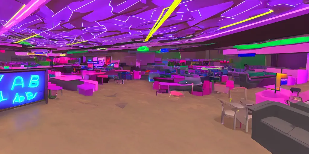 Image similar to VRChat world lobby with neon lighting.