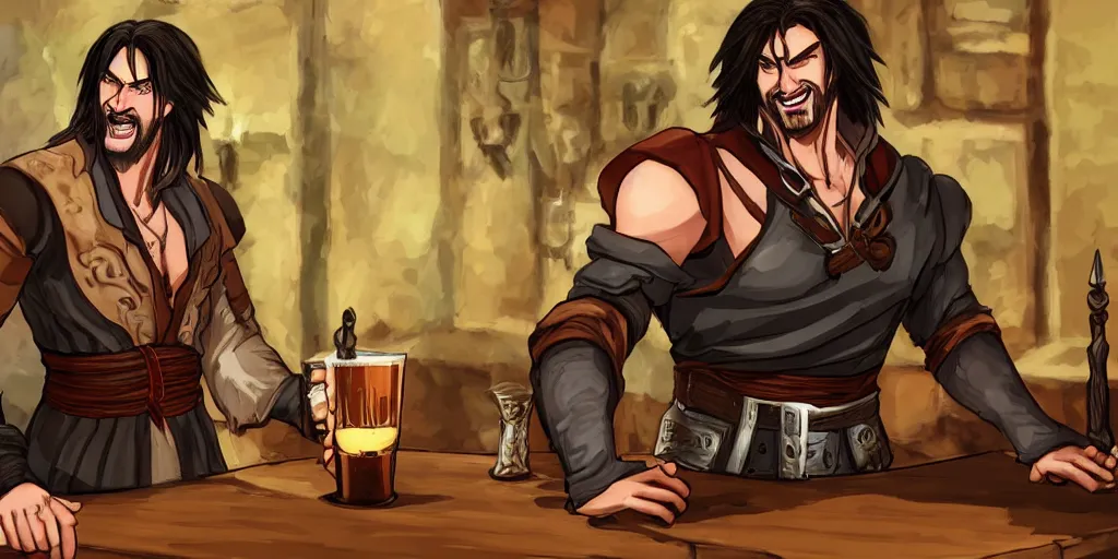 Image similar to Trevor Belmont from Castlevania, enjoying a pint of ale at a tavern, digital art, HDR, happily smiling, holding the pint of ale, sitting at the bar, warm lantern lighting.