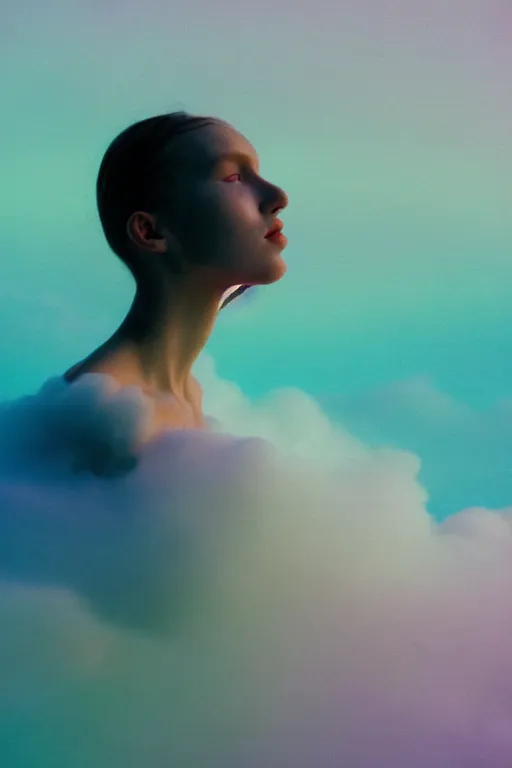 Image similar to high quality pastel coloured film close up wide angle photograph of a model wearing clothing swimming on cloud furniture in a icelandic black rock!! environment in a partially haze filled dreamstate world. three point light, rainbow. photographic production. art directed. pastel colours. volumetric clouds. pastel gradient overlay. waves glitch artefacts. extreme facial clarity. 8 k. filmic.