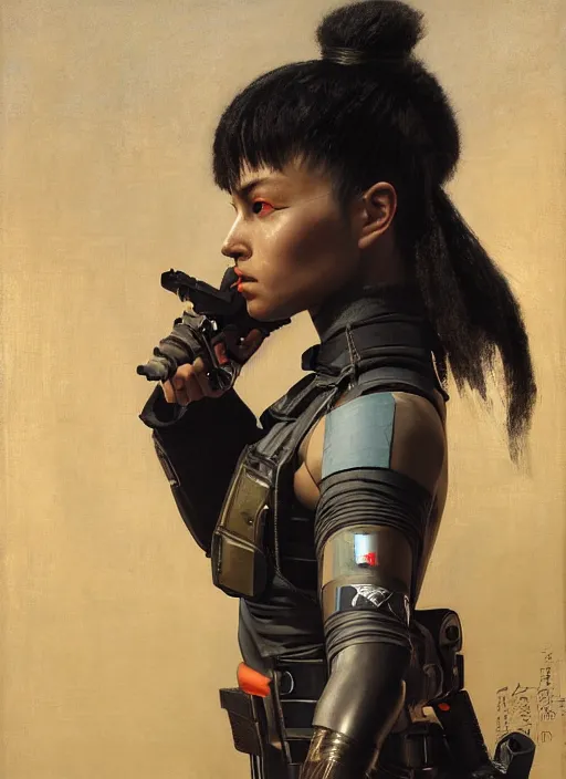 Image similar to Ada. beautiful cyberpunk Samurai woman wearing a military vest and military jumpsuit (cyberpunk 2077, bladerunner 2049). gorgeous african face. Iranian orientalist portrait by john william waterhouse and Edwin Longsden Long and Theodore Ralli and Nasreddine Dinet, oil on canvas. Cinematic, hyper realism, realistic proportions, dramatic lighting, high detail 4k