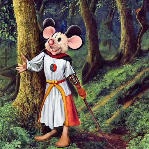 Image similar to an adventurous anthropomorphic mouse wearing medieval clothing walking through a lush forest, Alex Ross