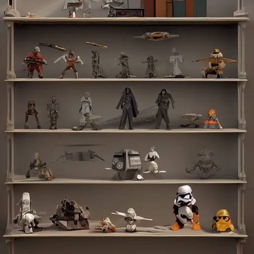 Image similar to antique shelf filled with star wars toys. photorealism, soft window light, morning. hyperrealism, dusty, moody, high detail, artstation, unreal engine.