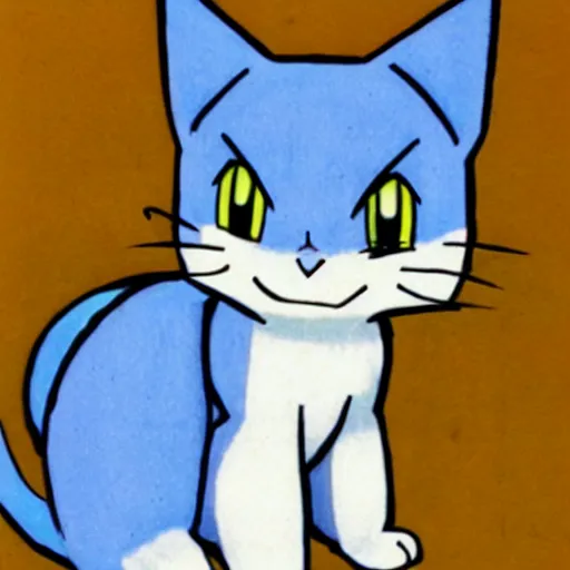 Image similar to an anime drawing of a light tan cat with blue eyes and black feet, drawn in 1 9 9 8, for pokemon red and blue.