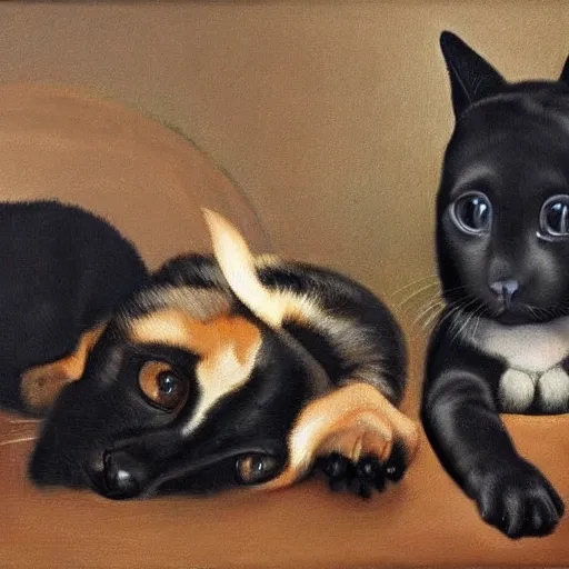 Prompt: oil in canvas of a puppy dog, a black rabbit and a siamese cat,