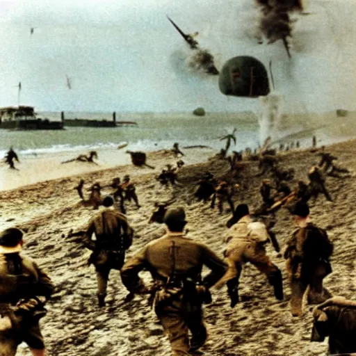 Image similar to ww 2 realistic photo in color beach landing, battle on the beach, blood everywhere, explosions