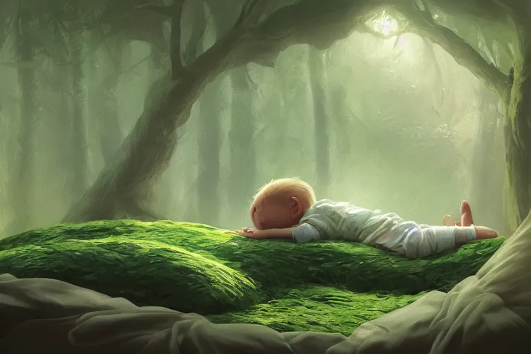 Image similar to beautiful illustration of a little boy on his bed dreaming about a beautiful green forest, intricate, elegant, glowing lights, highly detailed, digital painting, artstation, concept art, smooth, sharp focus, illustration, art by wlop, mars ravelo and greg rutkowski