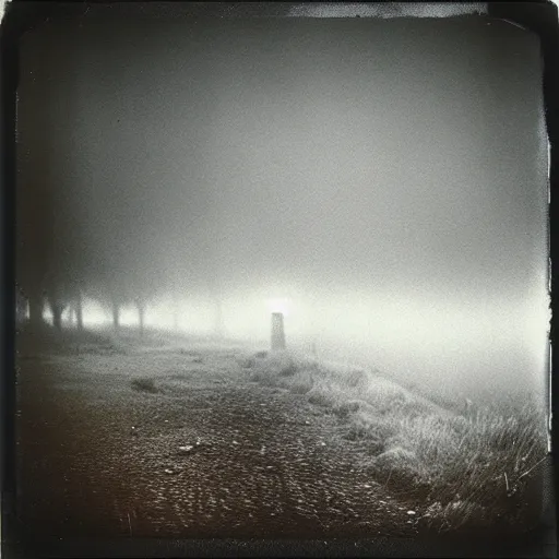 Image similar to the fog is thick shelter for ghosts, polaroid photography in style of andrey tarkovski, eerie, mystical, sublime